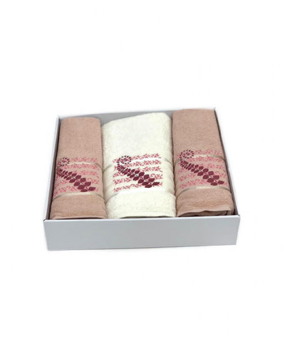 Подарочный набор полотенец для ванной 50х90(2), 70х140(1) Karven KIVRIMLI YAPRAK хлопковая махра пудровый, фото, фотография