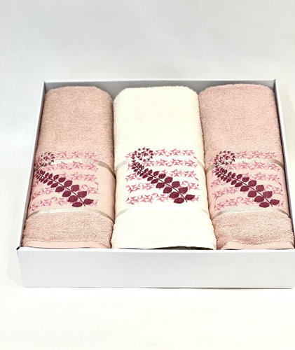 Подарочный набор полотенец для ванной 50х90(2), 70х140(1) Karven KIVRIMLI YAPRAK хлопковая махра светло-пудровый, фото, фотография