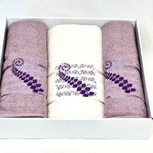 Подарочный набор полотенец для ванной 50х90(2), 70х140(1) Karven KIVRIMLI YAPRAK хлопковая махра сиреневый