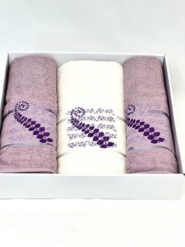 Подарочный набор полотенец для ванной 50х90(2), 70х140(1) Karven KIVRIMLI YAPRAK хлопковая махра сиреневый, фото, фотография