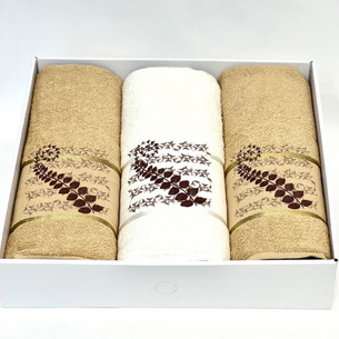 Подарочный набор полотенец для ванной 50х90(2), 70х140(1) Karven KIVRIMLI YAPRAK хлопковая махра темно-бежевый