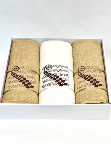 Подарочный набор полотенец для ванной 50х90(2), 70х140(1) Karven KIVRIMLI YAPRAK хлопковая махра темно-бежевый, фото, фотография