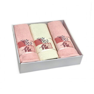 Подарочный набор полотенец для ванной 50х90(2), 70х140(1) Karven KARELI CICEK хлопковая махра кремовый/светло-розовый