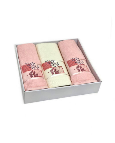 Подарочный набор полотенец для ванной 50х90(2), 70х140(1) Karven KARELI CICEK хлопковая махра кремовый/светло-розовый, фото, фотография