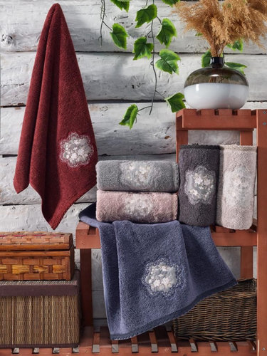 Набор полотенец для ванной 3 пр. Karven PORTRE хлопковая махра бордовый, фото, фотография