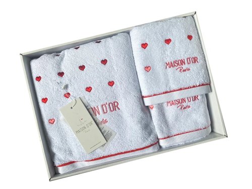 Набор полотенец для ванной 3 пр. Maison Dor CANDY LOVE хлопковая махра белый+красный, фото, фотография