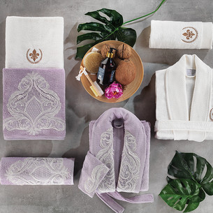 Набор халатов с полотенцами Zebra Casa POPPI бамбуко-хлопковая махра кремовый+фиолетовый L/XL