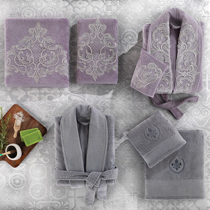 Набор халатов с полотенцами Zebra Casa LIVORNO бамбуко-хлопковая махра серый+фиолетовый L/XL