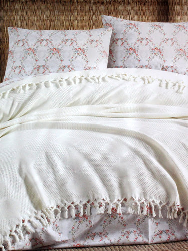 Летнее постельное белье с покрывалом-одеялом пике Saheser MONA хлопковый ранфорс кремовый евро, фото, фотография