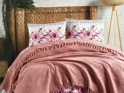 Летнее постельное белье с покрывалом-одеялом пике Saheser MONA хлопковый ранфорс пудровый евро, фото, фотография