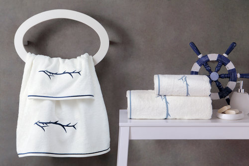 Подарочный набор полотенец для ванной 2 пр. Tivolyo Home PIXEL хлопковая махра кремовый+тёмно-синий, фото, фотография