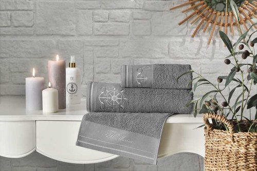 Подарочный набор полотенец для ванной 2 пр. Tivolyo Home NAVY хлопковая махра серый, фото, фотография
