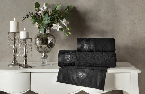 Подарочный набор полотенец для ванной 3 пр. + спрей Tivolyo Home GRANT хлопковая махра чёрный, фото, фотография