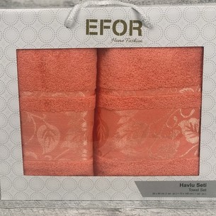 Подарочный набор полотенец для ванной 50х90, 70х140 Efor FLOSLU YAPRAK хлопковая махра светло-персиковый
