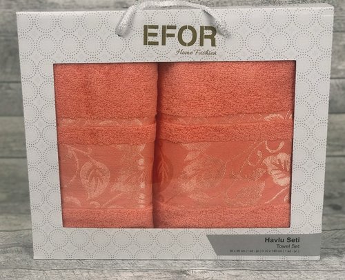 Подарочный набор полотенец для ванной 50х90, 70х140 Efor FLOSLU YAPRAK хлопковая махра персиковый, фото, фотография