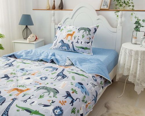 Детское постельное белье без пододеяльника с одеялом Sofi De Marko САВАННА хлопковый сатин синий 1,5 спальный, фото, фотография