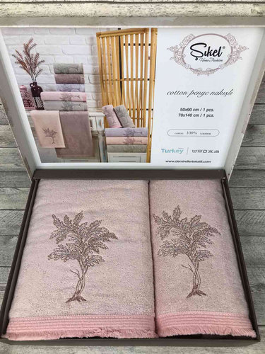 Подарочный набор полотенец для ванной 50х90, 70х140 Sikel HAYAT AGACI хлопковая махра розовый, фото, фотография