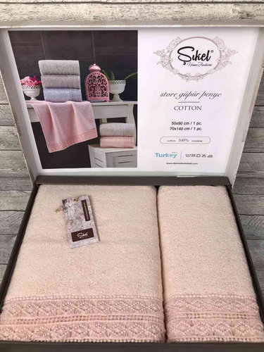 Подарочный набор полотенец для ванной 50х90, 70х140 Sikel KOZA хлопковая махра персиковый, фото, фотография