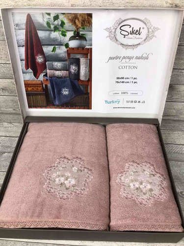Подарочный набор полотенец для ванной 50х90, 70х140 Sikel PORTRE хлопковая махра розовый, фото, фотография