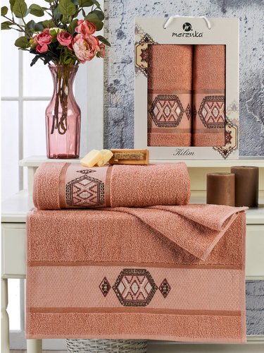 Подарочный набор полотенец для ванной 50х90, 70х140 Merzuka KILIM хлопковая махра оранжевый, фото, фотография