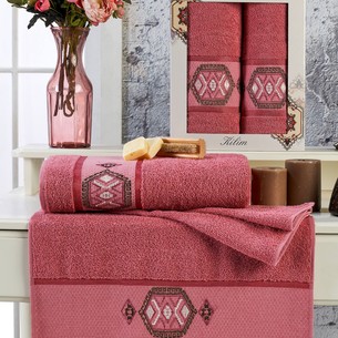 Подарочный набор полотенец для ванной 50х90, 70х140 Merzuka KILIM хлопковая махра тёмно-розовый