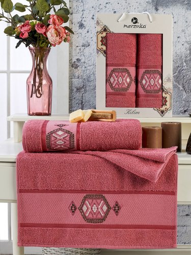 Подарочный набор полотенец для ванной 50х90, 70х140 Merzuka KILIM хлопковая махра тёмно-розовый, фото, фотография