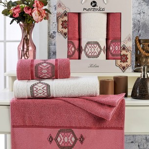 Подарочный набор полотенец для ванной 50х90(2), 70х140(1) Merzuka KILIM хлопковая махра тёмно-розовый