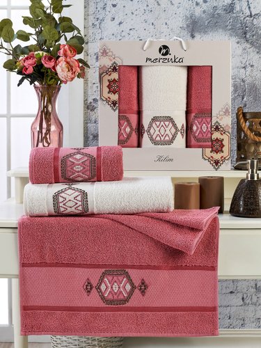 Подарочный набор полотенец для ванной 50х90(2), 70х140(1) Merzuka KILIM хлопковая махра тёмно-розовый, фото, фотография