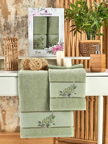 Подарочный набор полотенец для ванной 50х90, 70х140 Merzuka EVA хлопковая махра зелёный, фото, фотография