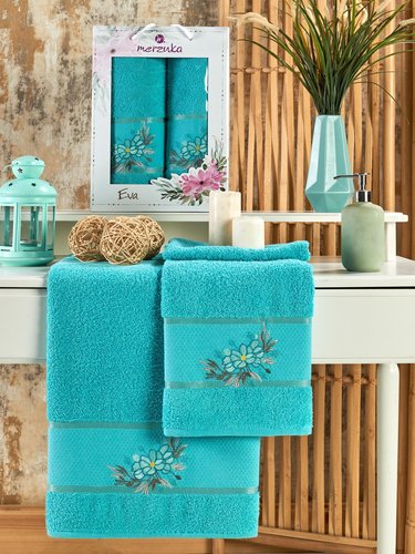 Подарочный набор полотенец для ванной 50х90, 70х140 Merzuka EVA хлопковая махра бирюзовый, фото, фотография