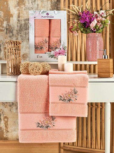 Подарочный набор полотенец для ванной 50х90, 70х140 Merzuka EVA хлопковая махра оранжевый, фото, фотография