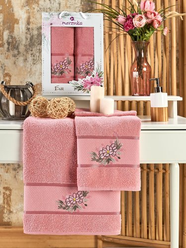 Подарочный набор полотенец для ванной 50х90, 70х140 Merzuka EVA хлопковая махра брусничный, фото, фотография