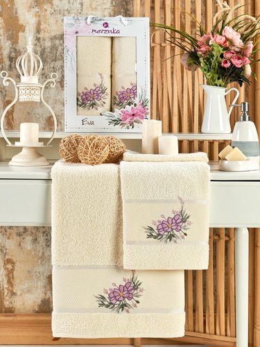Подарочный набор полотенец для ванной 50х90, 70х140 Merzuka EVA хлопковая махра экрю, фото, фотография