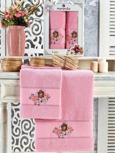 Подарочный набор полотенец для ванной 50х90, 70х140 Merzuka LARA хлопковая махра розовый, фото, фотография