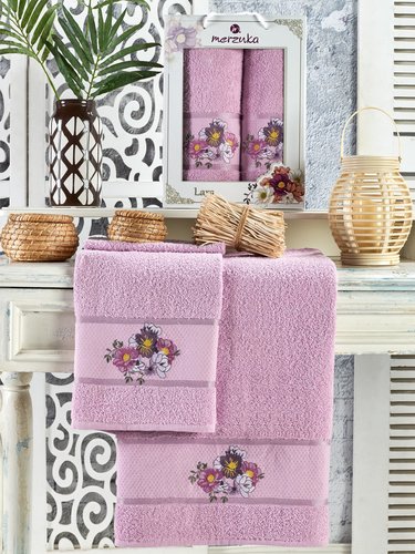 Подарочный набор полотенец для ванной 50х90, 70х140 Merzuka LARA хлопковая махра сиреневый, фото, фотография