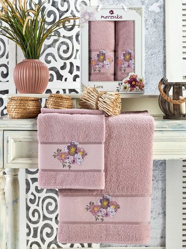 Подарочный набор полотенец для ванной 50х90, 70х140 Merzuka LARA хлопковая махра светло-розовый, фото, фотография