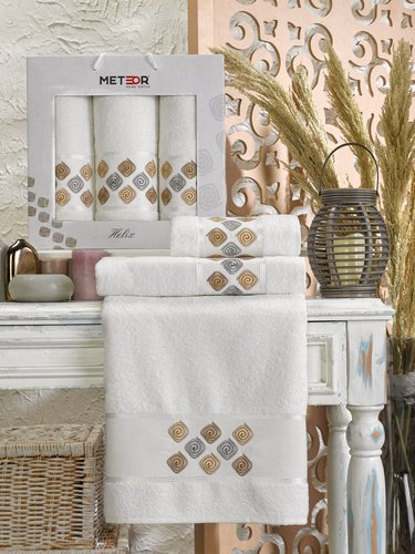 Подарочный набор полотенец для ванной 50х90(2), 70х140(1) Meteor HELIX хлопковая махра кремовый, фото, фотография