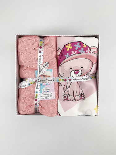 Постельное белье для новорожденных с пледом First Choice PINK CAT бамбуковый сатин, фото, фотография