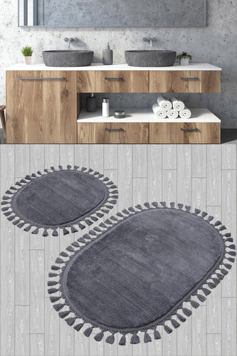 Набор ковриков для ванной Karven POST DOKUMA OVAL SACAKLI мех антрацит, фото, фотография