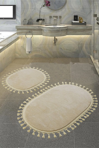 Набор ковриков для ванной Karven POST DOKUMA OVAL SACAKLI мех светло-бежевый, фото, фотография