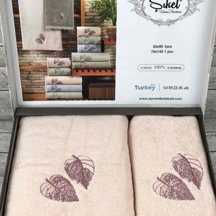 Подарочный набор полотенец для ванной 50х90, 70х140 Sikel LEAF TIME хлопковая махра персиковый