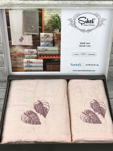 Подарочный набор полотенец для ванной 50х90, 70х140 Sikel LEAF TIME хлопковая махра персиковый, фото, фотография