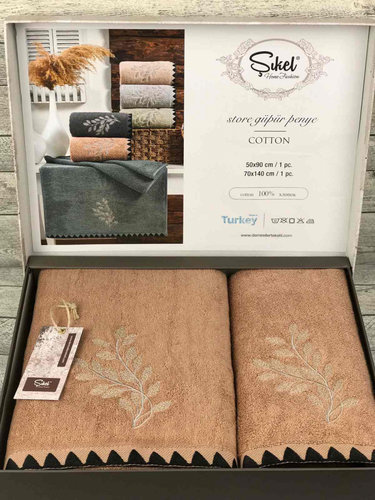 Подарочный набор полотенец для ванной 50х90, 70х140 Sikel FILIZ хлопковая махра персиковый, фото, фотография