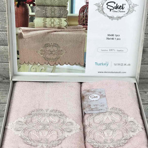 Подарочный набор полотенец для ванной 50х90, 70х140 Sikel KESMELI DAMASK бамбуковая махра пудровый