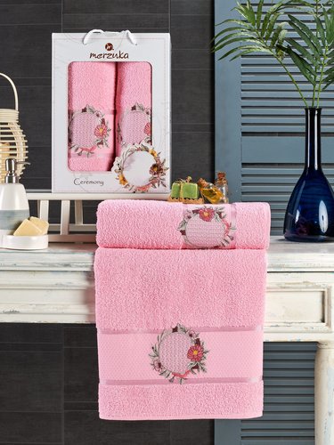 Подарочный набор полотенец для ванной 50х90, 70х140 Merzuka CEREMONY хлопковая махра светло-розовый, фото, фотография