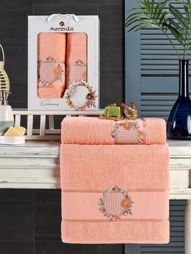 Подарочный набор полотенец для ванной 50х90, 70х140 Merzuka CEREMONY хлопковая махра оранжевый, фото, фотография