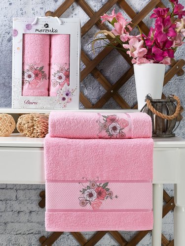 Подарочный набор полотенец для ванной 50х90, 70х140 Merzuka DURU хлопковая махра розовый, фото, фотография