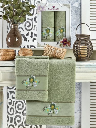 Подарочный набор полотенец для ванной 50х90, 70х140 Merzuka LARA хлопковая махра зелёный, фото, фотография
