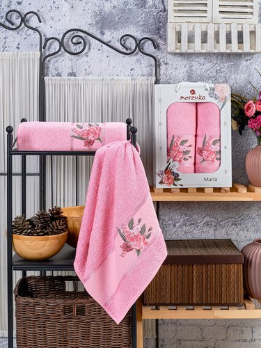 Подарочный набор полотенец для ванной 50х90, 70х140 Merzuka MARIA хлопковая махра розовый, фото, фотография