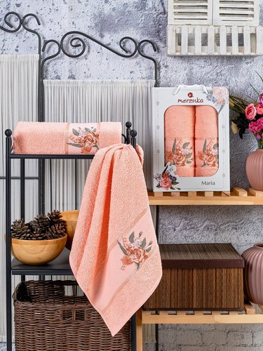 Подарочный набор полотенец для ванной 50х90, 70х140 Merzuka MARIA хлопковая махра оранжевый, фото, фотография